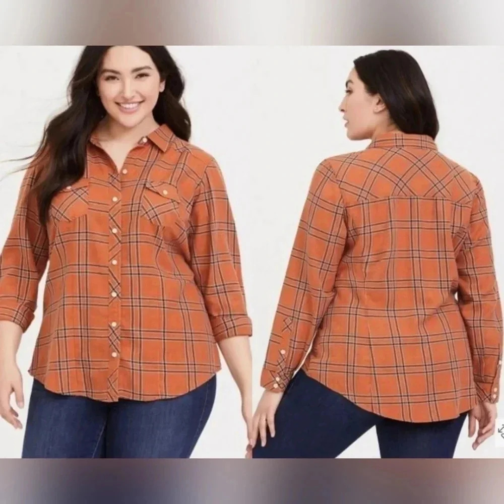 Torrid, Size XL, Dusty Orange Plaid Twill Button-Up Shirt - Picture 9 of 9